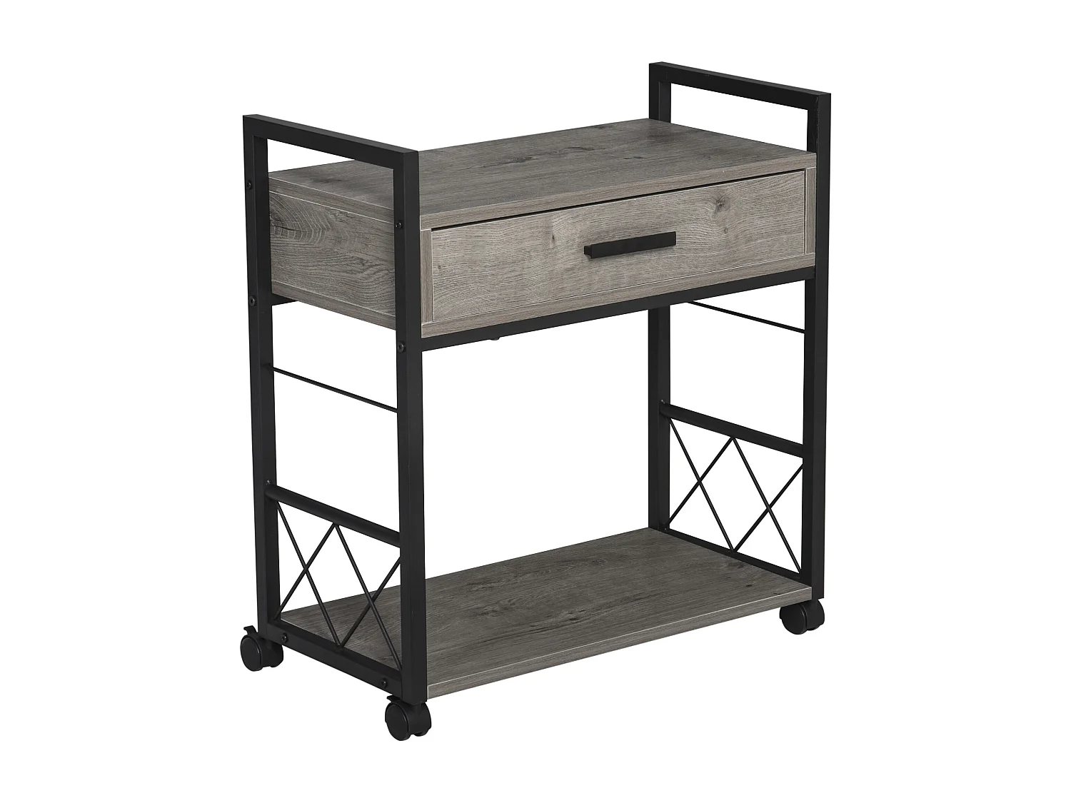 Table de chevet roulante avec tiroir, design élégant, bois et métal, gris (60x30x65cm)