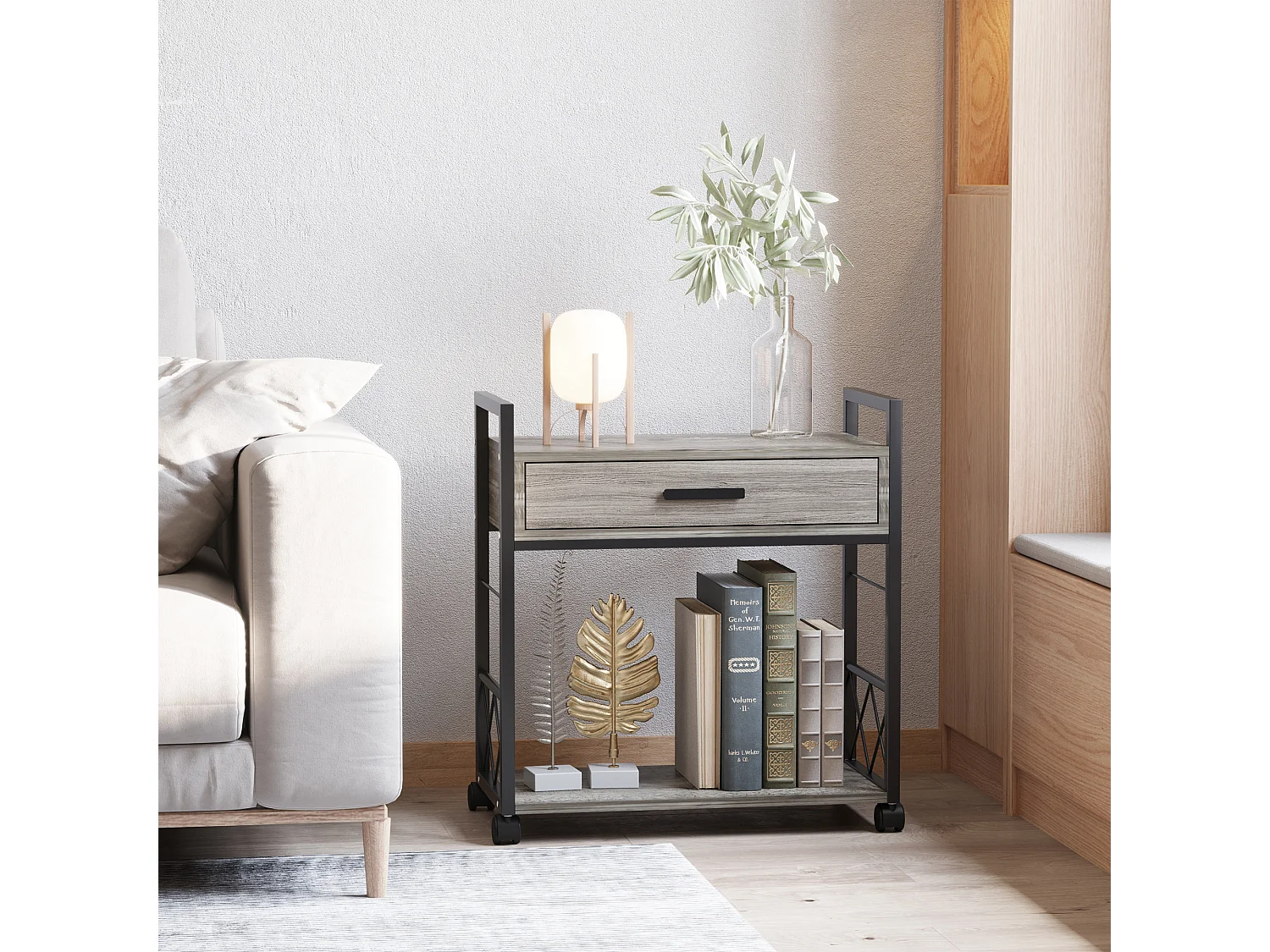 Table de chevet roulante avec tiroir, design élégant, bois et métal, gris (60x30x65cm)