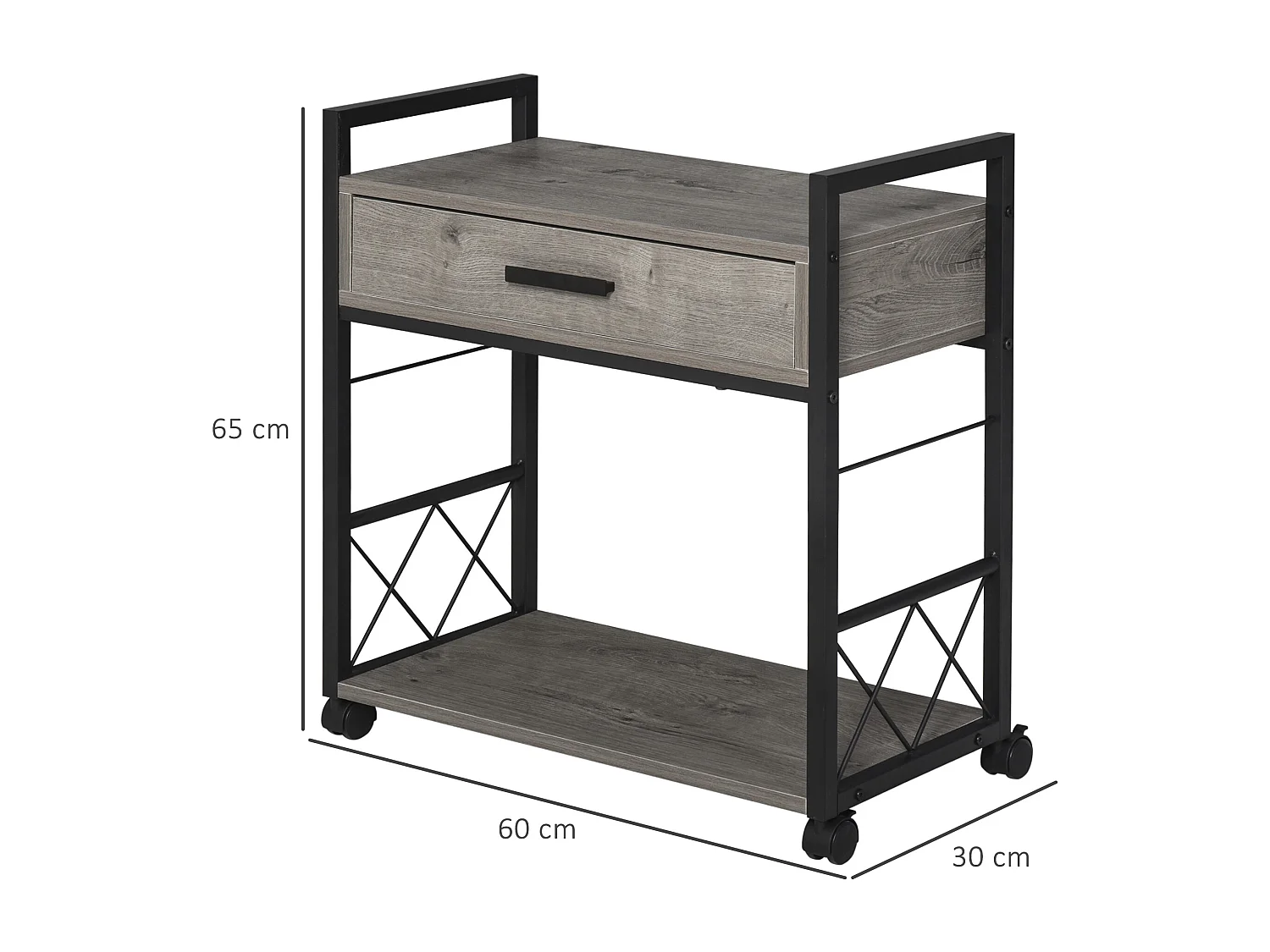 Table de chevet roulante avec tiroir, design élégant, bois et métal, gris (60x30x65cm)