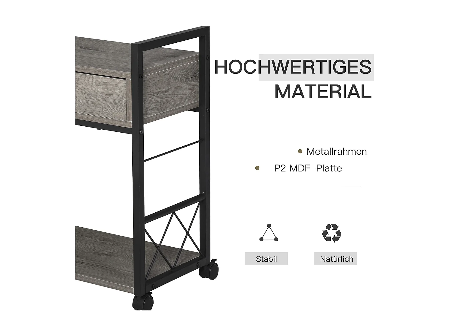 Table de chevet roulante avec tiroir, design élégant, bois et métal, gris (60x30x65cm)