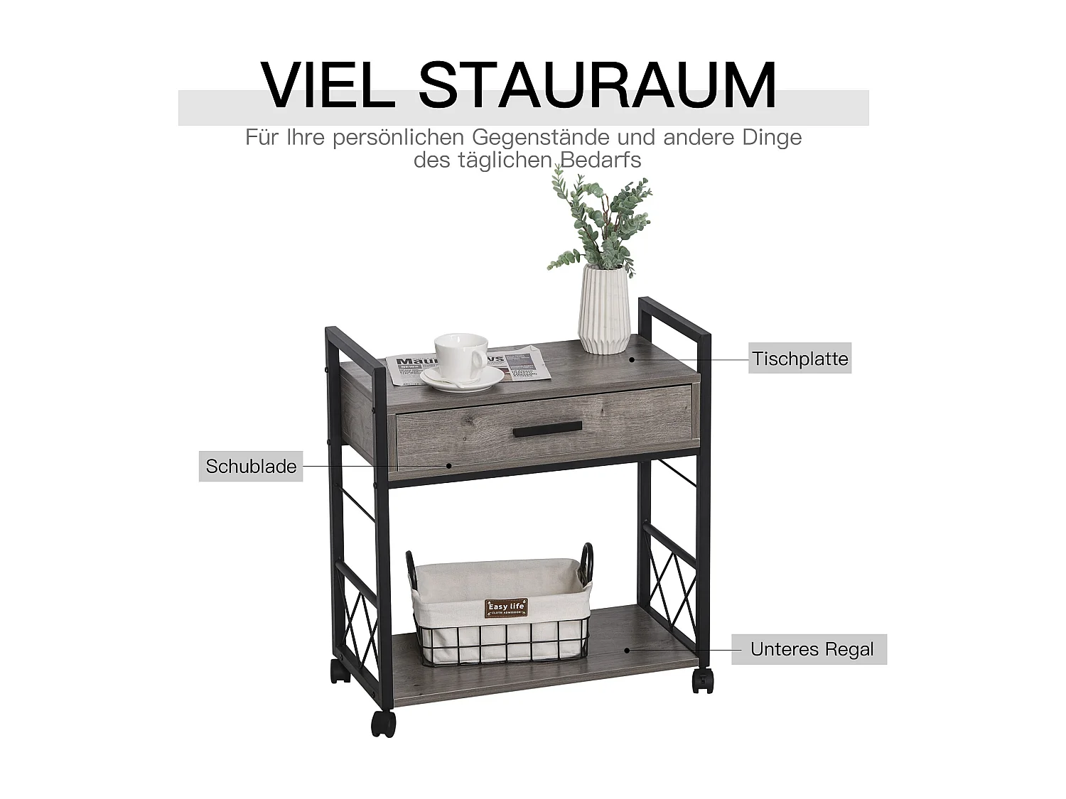 Table de chevet roulante avec tiroir, design élégant, bois et métal, gris (60x30x65cm)