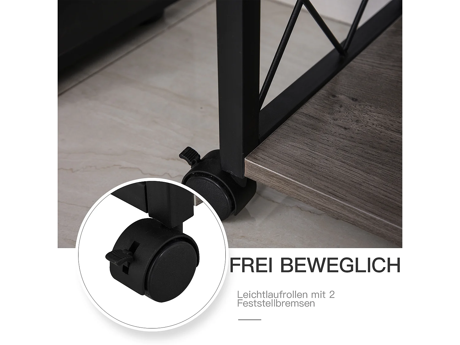 Table de chevet roulante avec tiroir, design élégant, bois et métal, gris (60x30x65cm)