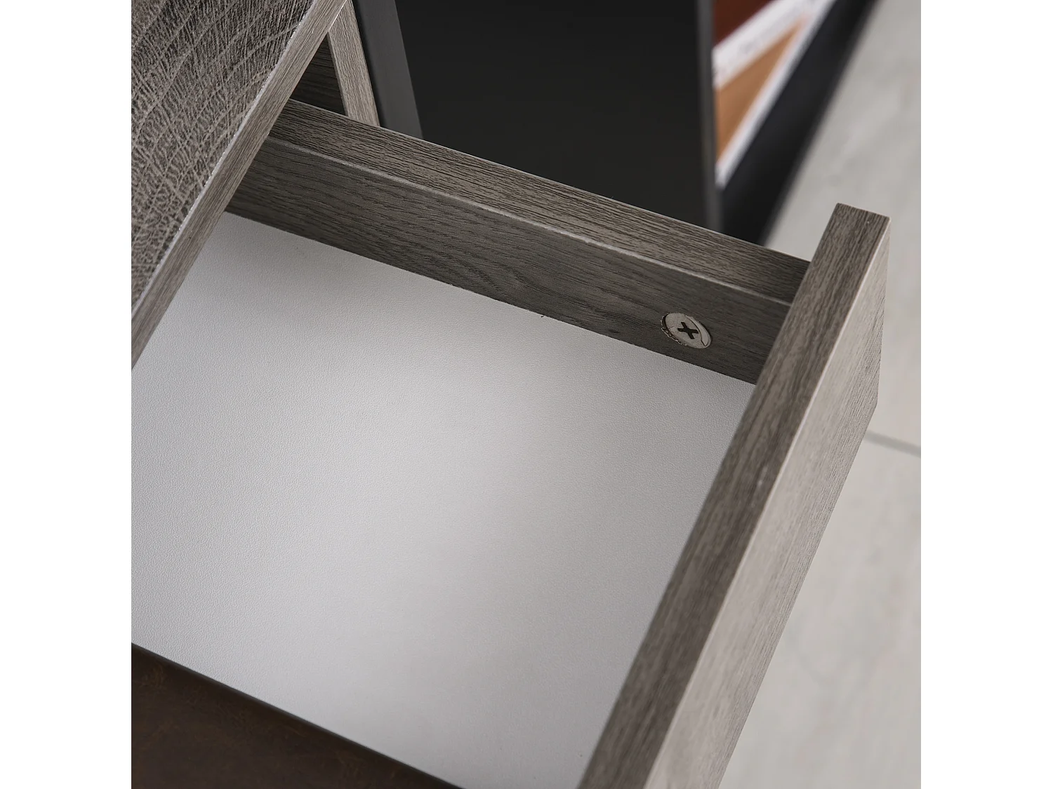 Table de chevet roulante avec tiroir, design élégant, bois et métal, gris (60x30x65cm)