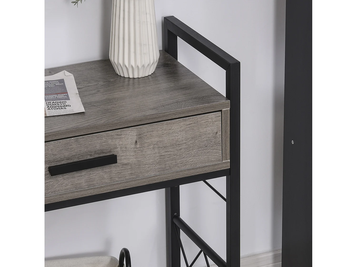 Table de chevet roulante avec tiroir, design élégant, bois et métal, gris (60x30x65cm)