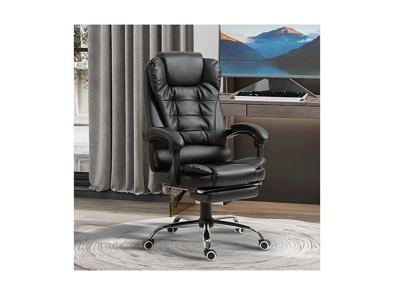 Fauteuil de bureau avec repose-pieds, dossier réglable, simili cuir, noir (64.5x69x109-117cm)