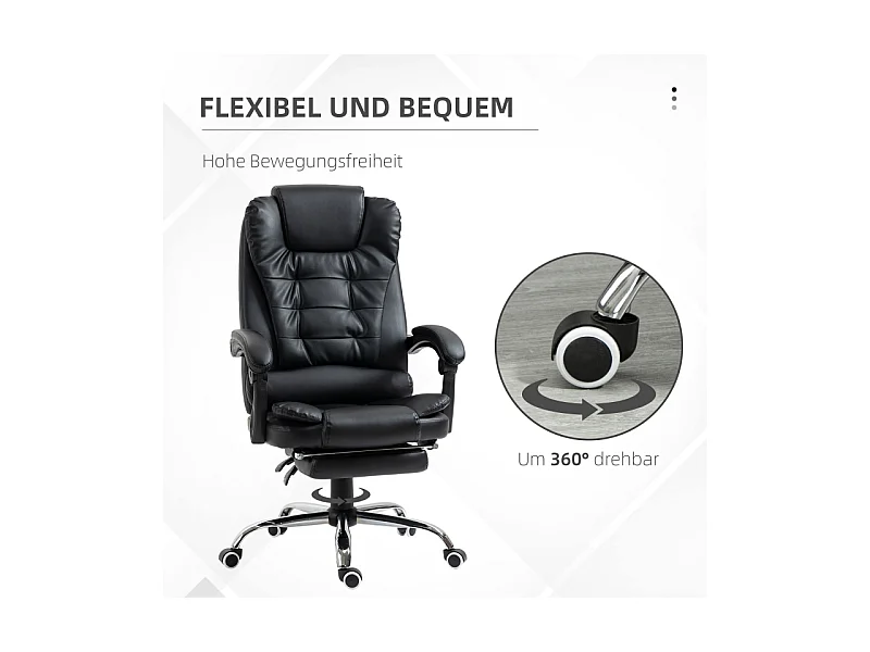 Fauteuil de bureau avec repose-pieds, dossier réglable, simili cuir, noir (64.5x69x109-117cm)