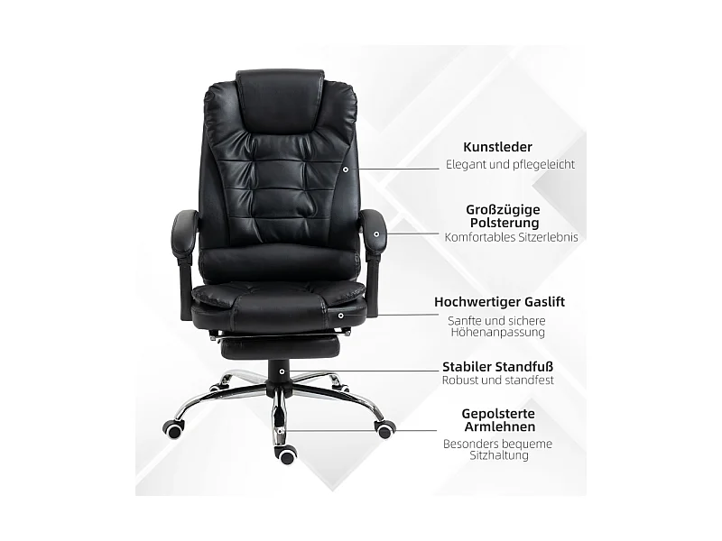 Fauteuil de bureau avec repose-pieds, dossier réglable, simili cuir, noir (64.5x69x109-117cm)