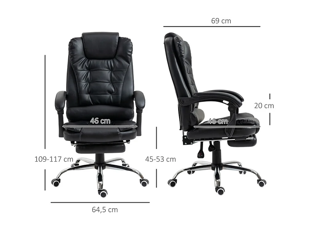 Fauteuil de bureau avec repose-pieds, dossier réglable, simili cuir, noir (64.5x69x109-117cm)