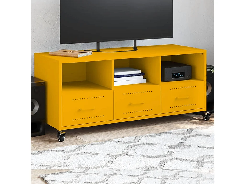 Mobile TV Industriale In Acciaio Giallo Senape – 3 Cassetti E 3 Scomparti, Con Piedini Regolabili, 202x39x43.5 Cm