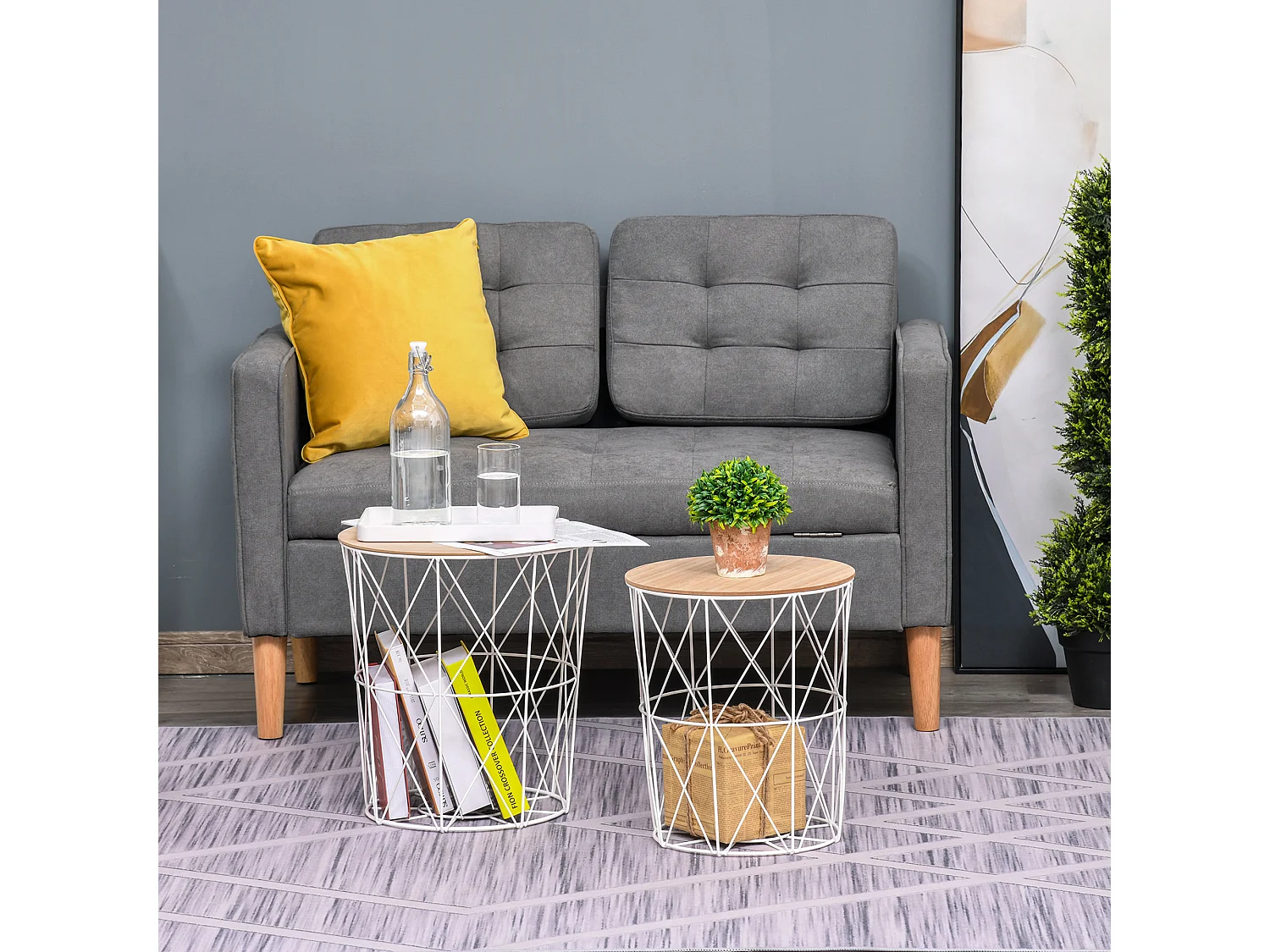 Ensemble de 2 tables basses design, plateau MDF et structure métal, blanc, Ø40x45 cm