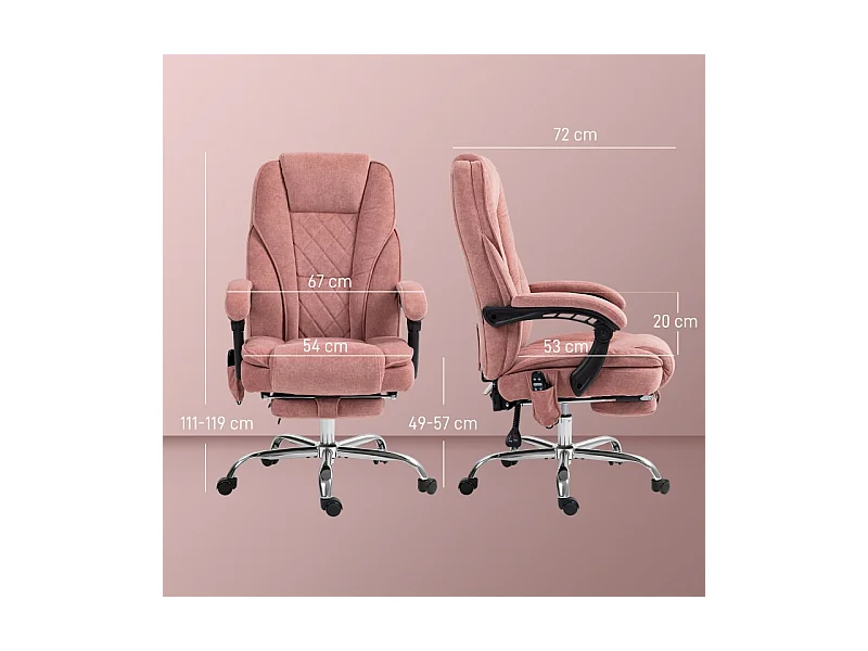 Fauteuil bureau ergonomique avec massage, inclinaison, chauffage, hauteur réglable, repose-pieds, polyester rose (72x67x119cm)