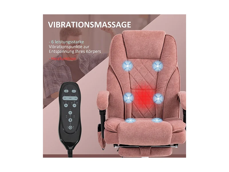 Fauteuil bureau ergonomique avec massage, inclinaison, chauffage, hauteur réglable, repose-pieds, polyester rose (72x67x119cm)