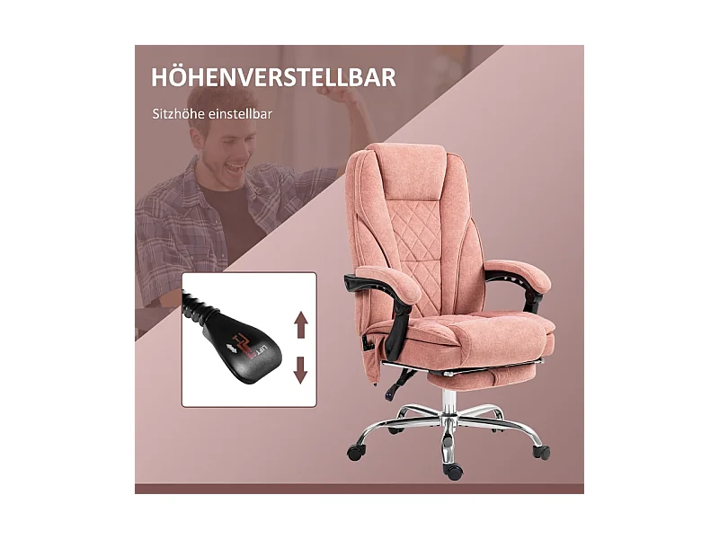 Fauteuil bureau ergonomique avec massage, inclinaison, chauffage, hauteur réglable, repose-pieds, polyester rose (72x67x119cm)