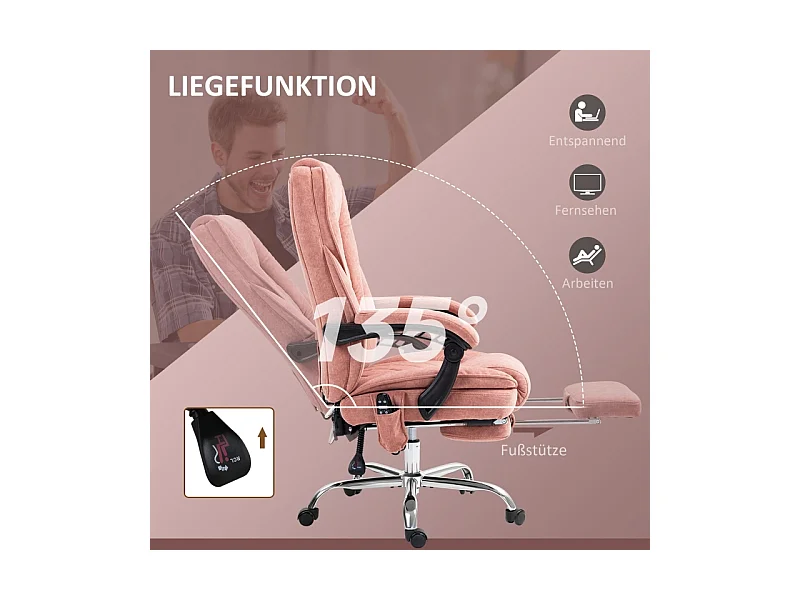 Fauteuil bureau ergonomique avec massage, inclinaison, chauffage, hauteur réglable, repose-pieds, polyester rose (72x67x119cm)