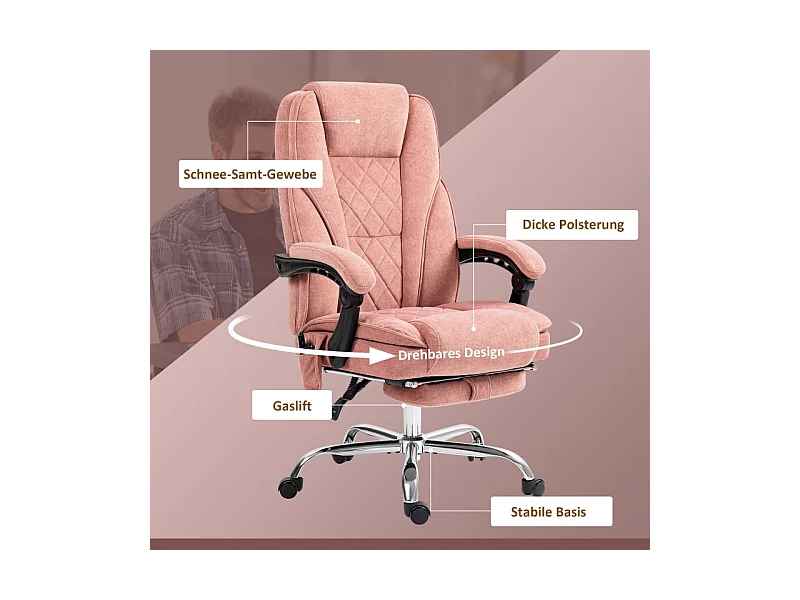 Fauteuil bureau ergonomique avec massage, inclinaison, chauffage, hauteur réglable, repose-pieds, polyester rose (72x67x119cm)