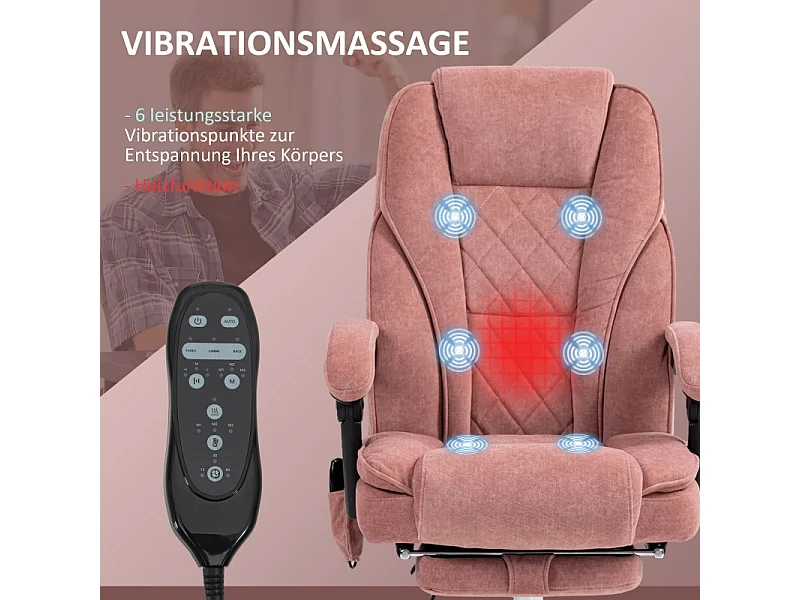 Ergonomische bureaustoel met massage, kantelfunctie, verwarming, verstelbare hoogte, voetenbankje, roze polyester (72x67x119cm)