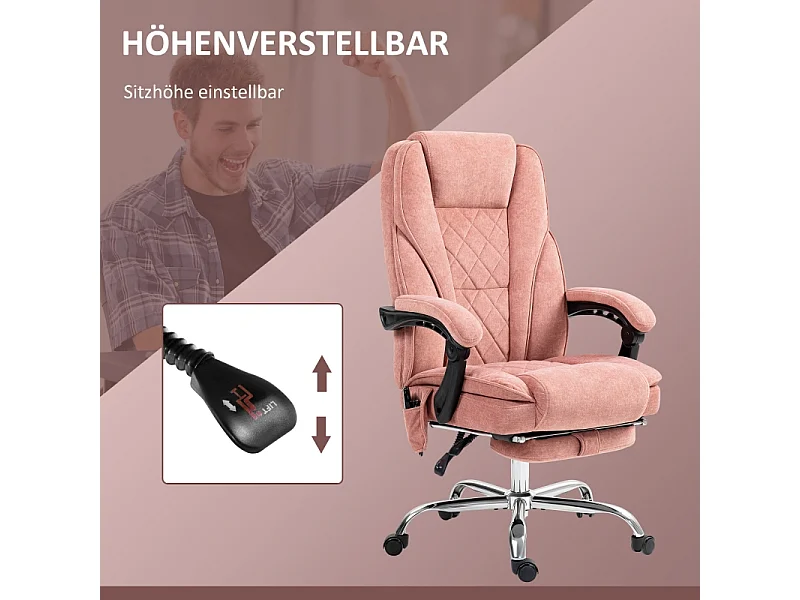Ergonomische bureaustoel met massage, kantelfunctie, verwarming, verstelbare hoogte, voetenbankje, roze polyester (72x67x119cm)