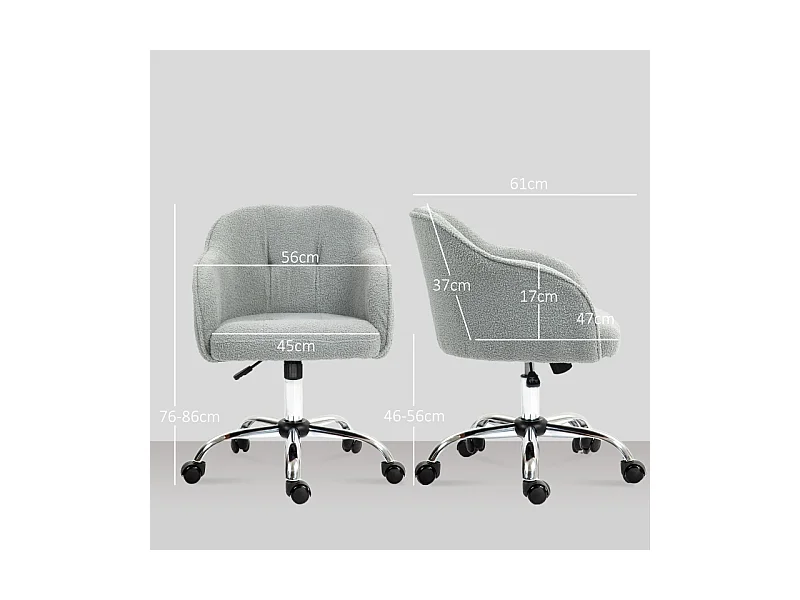 Fauteuil de bureau ergonomique, réglable en hauteur avec fonction bascule, velours teddy, gris (56x61x86cm)