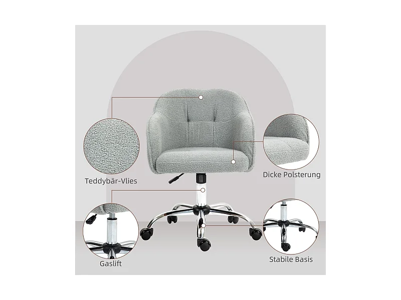 Fauteuil de bureau ergonomique, réglable en hauteur avec fonction bascule, velours teddy, gris (56x61x86cm)