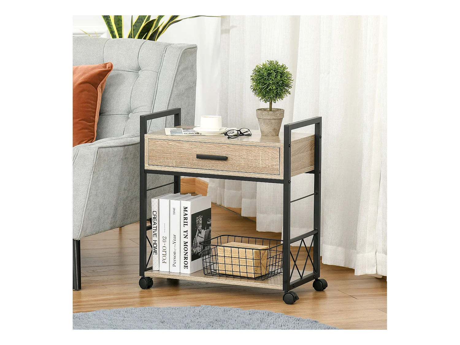 Tavolino laterale con cassetto, design elegante, pannello di particelle, rovere, per cucina e soggiorno (60x30x65cm)