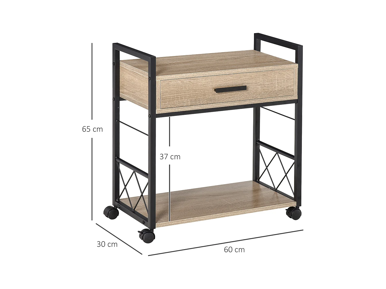 Tavolino laterale con cassetto, design elegante, pannello di particelle, rovere, per cucina e soggiorno (60x30x65cm)