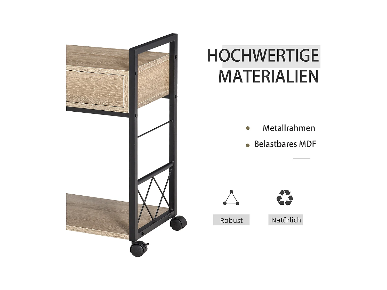 Tavolino laterale con cassetto, design elegante, pannello di particelle, rovere, per cucina e soggiorno (60x30x65cm)