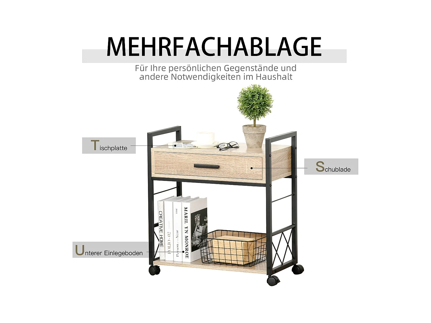 Tavolino laterale con cassetto, design elegante, pannello di particelle, rovere, per cucina e soggiorno (60x30x65cm)