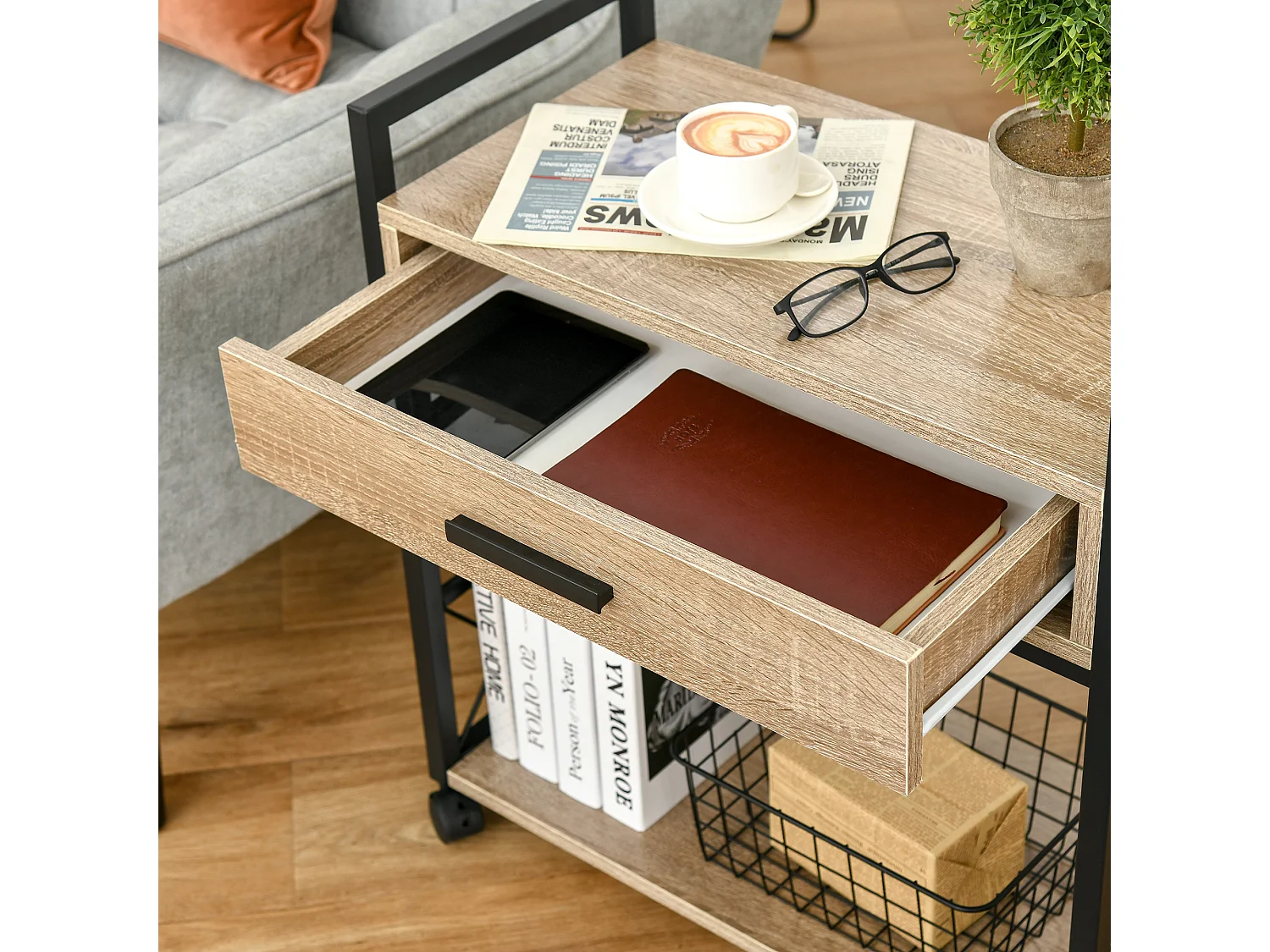 Tavolino laterale con cassetto, design elegante, pannello di particelle, rovere, per cucina e soggiorno (60x30x65cm)