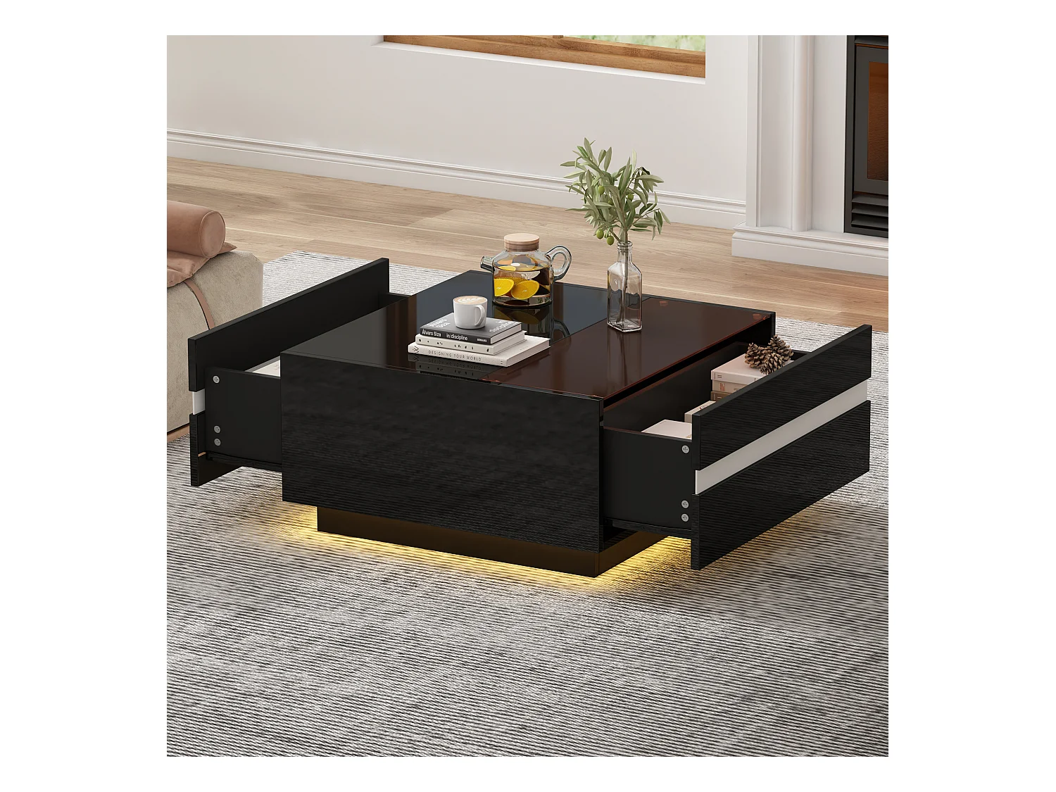 Table basse carrée avec LED, 2 tiroirs et verre trempé, design géométrique, noir (70x70x36cm)