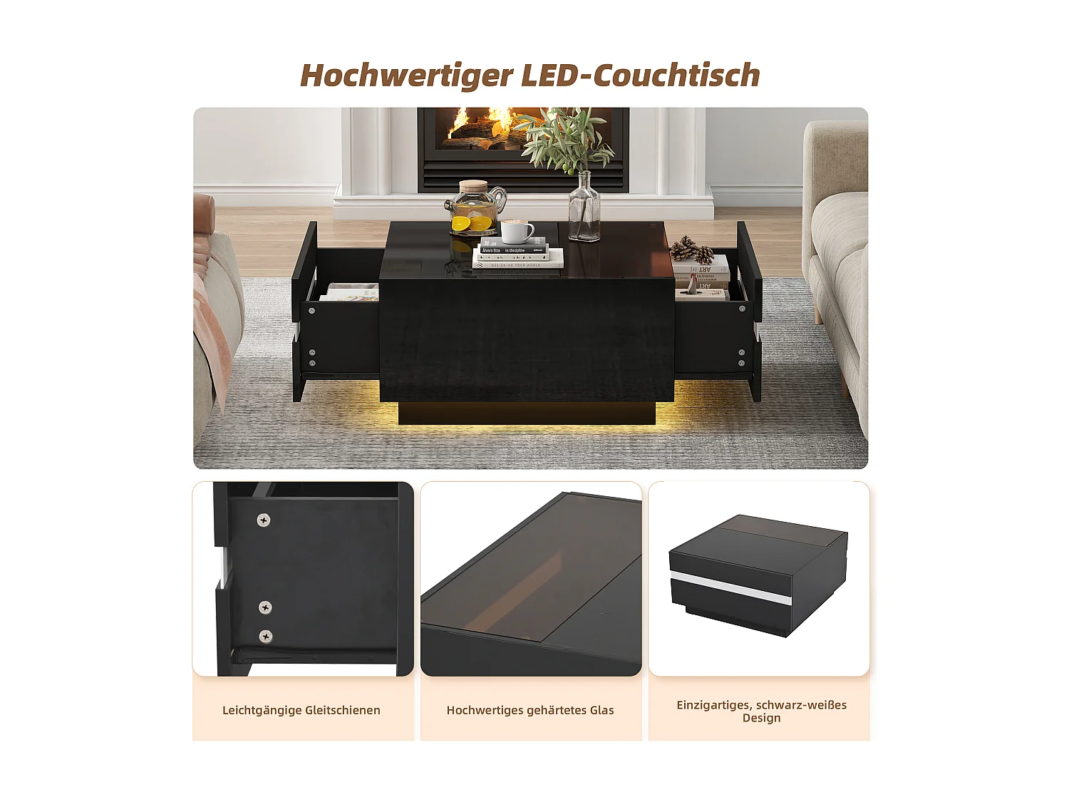 Table basse carrée avec LED, 2 tiroirs et verre trempé, design géométrique, noir (70x70x36cm)