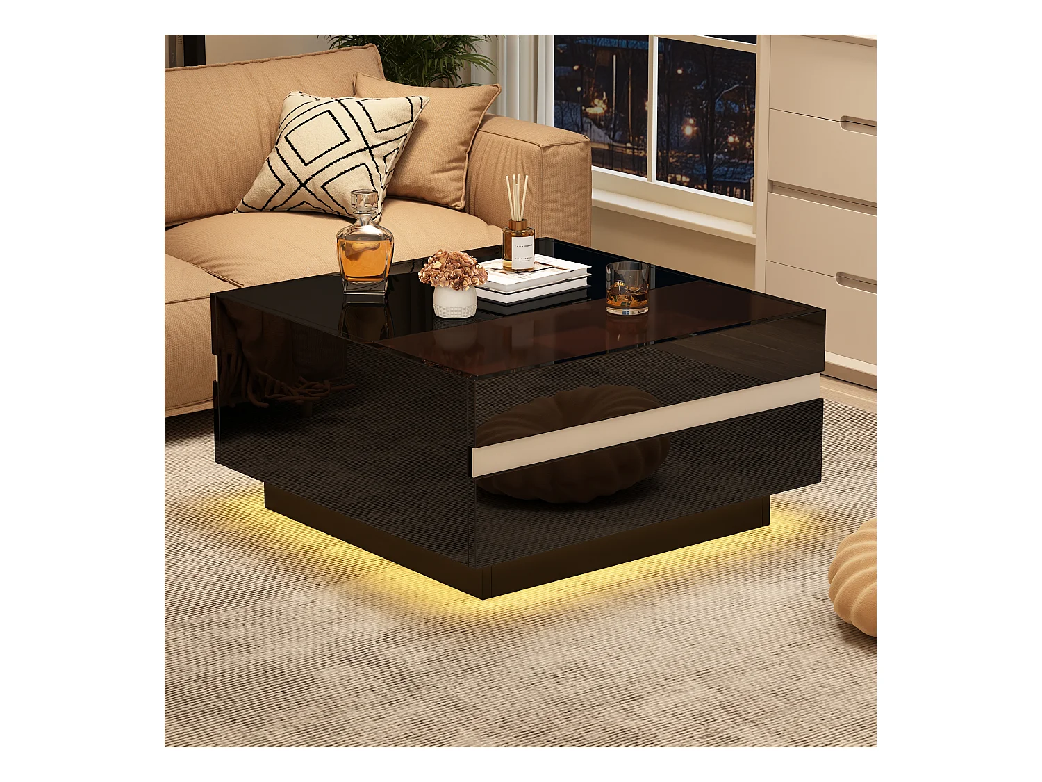 Vierkante salontafel met LED, 2 lades en gehard glas, geometrisch design, zwart (70x70x36cm)