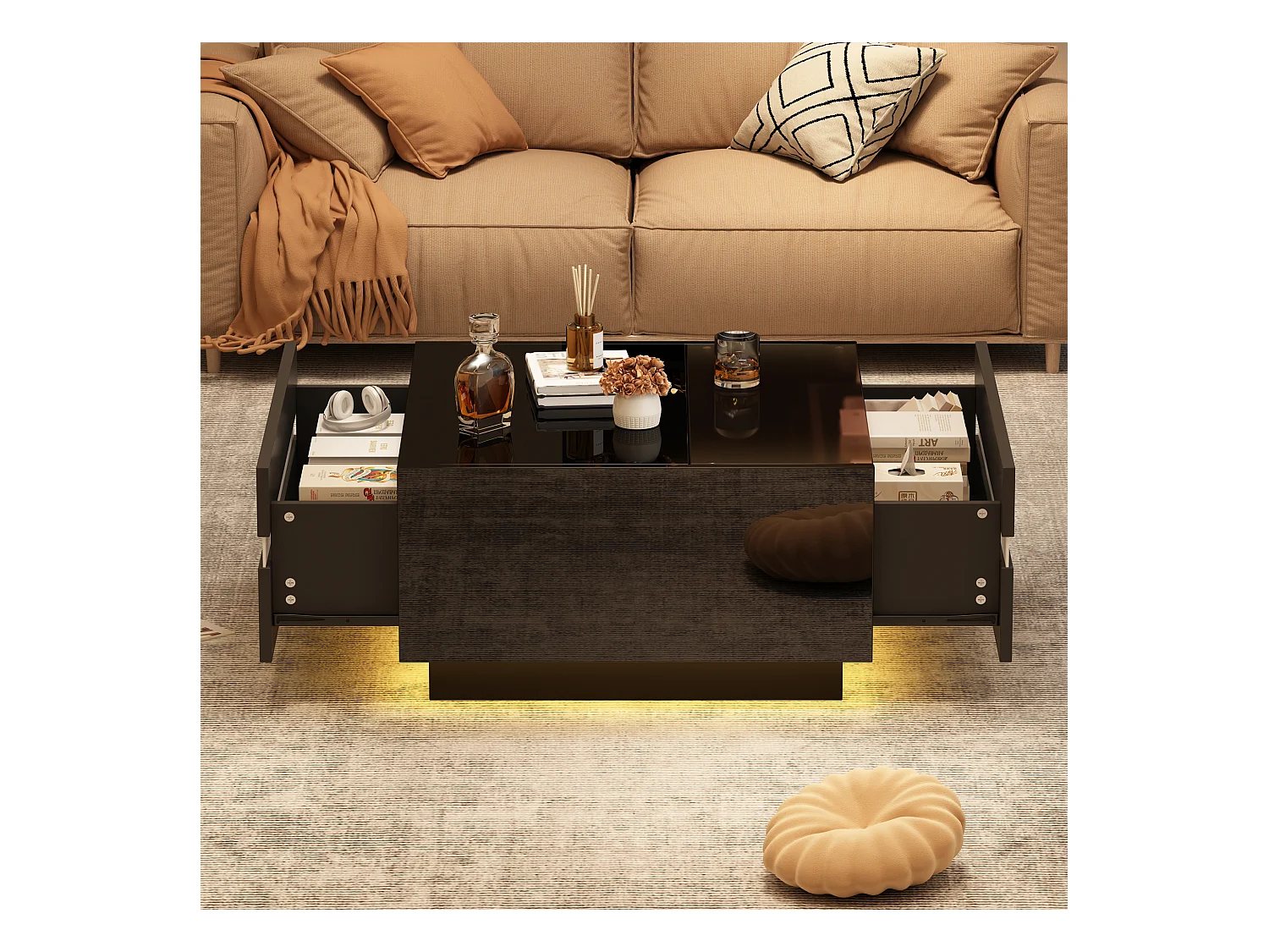 Vierkante salontafel met LED, 2 lades en gehard glas, geometrisch design, zwart (70x70x36cm)