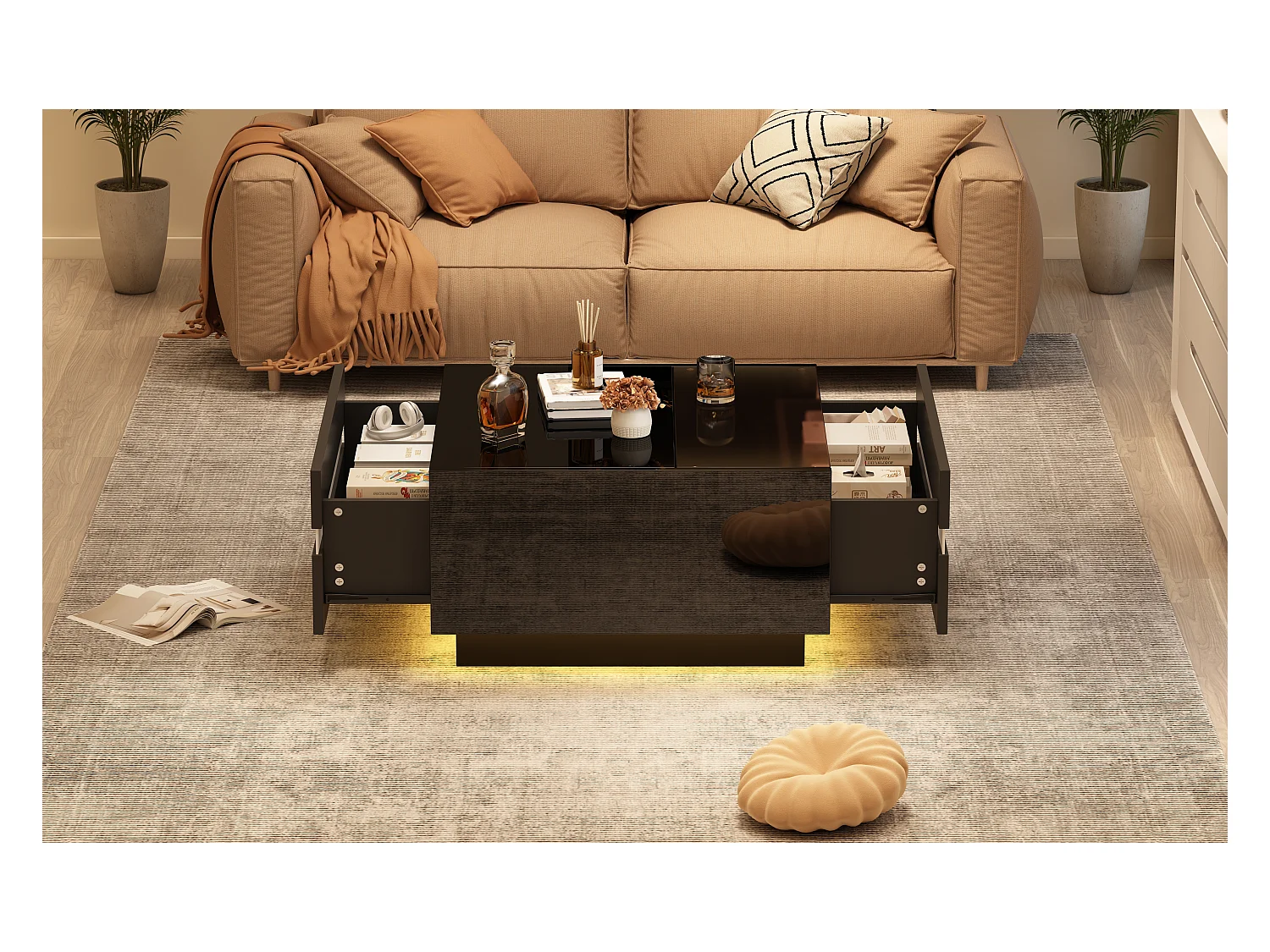 Vierkante salontafel met LED, 2 lades en gehard glas, geometrisch design, zwart (70x70x36cm)