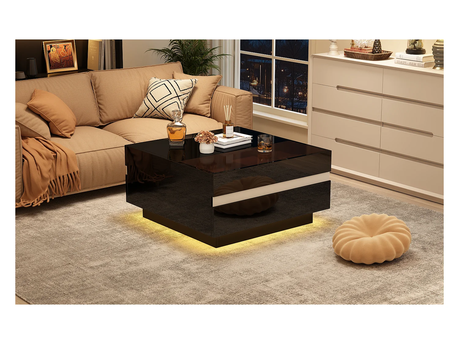 Vierkante salontafel met LED, 2 lades en gehard glas, geometrisch design, zwart (70x70x36cm)