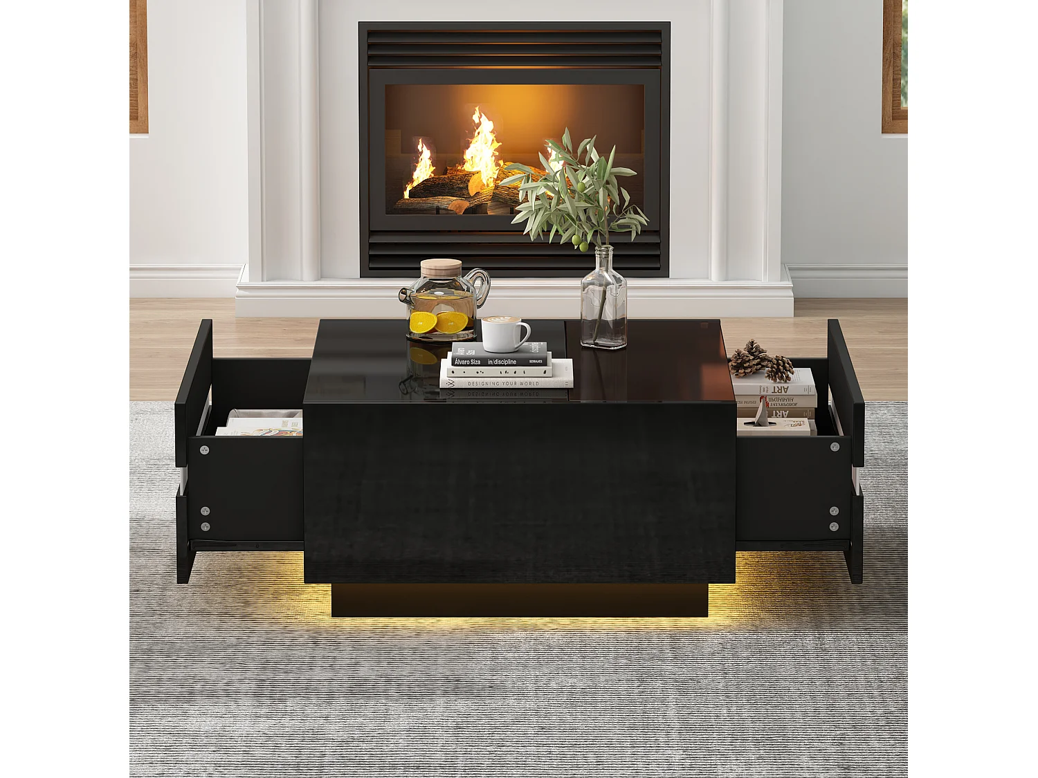 Table basse carrée avec LED, 2 tiroirs et verre trempé, design géométrique, noir (70x70x36cm)