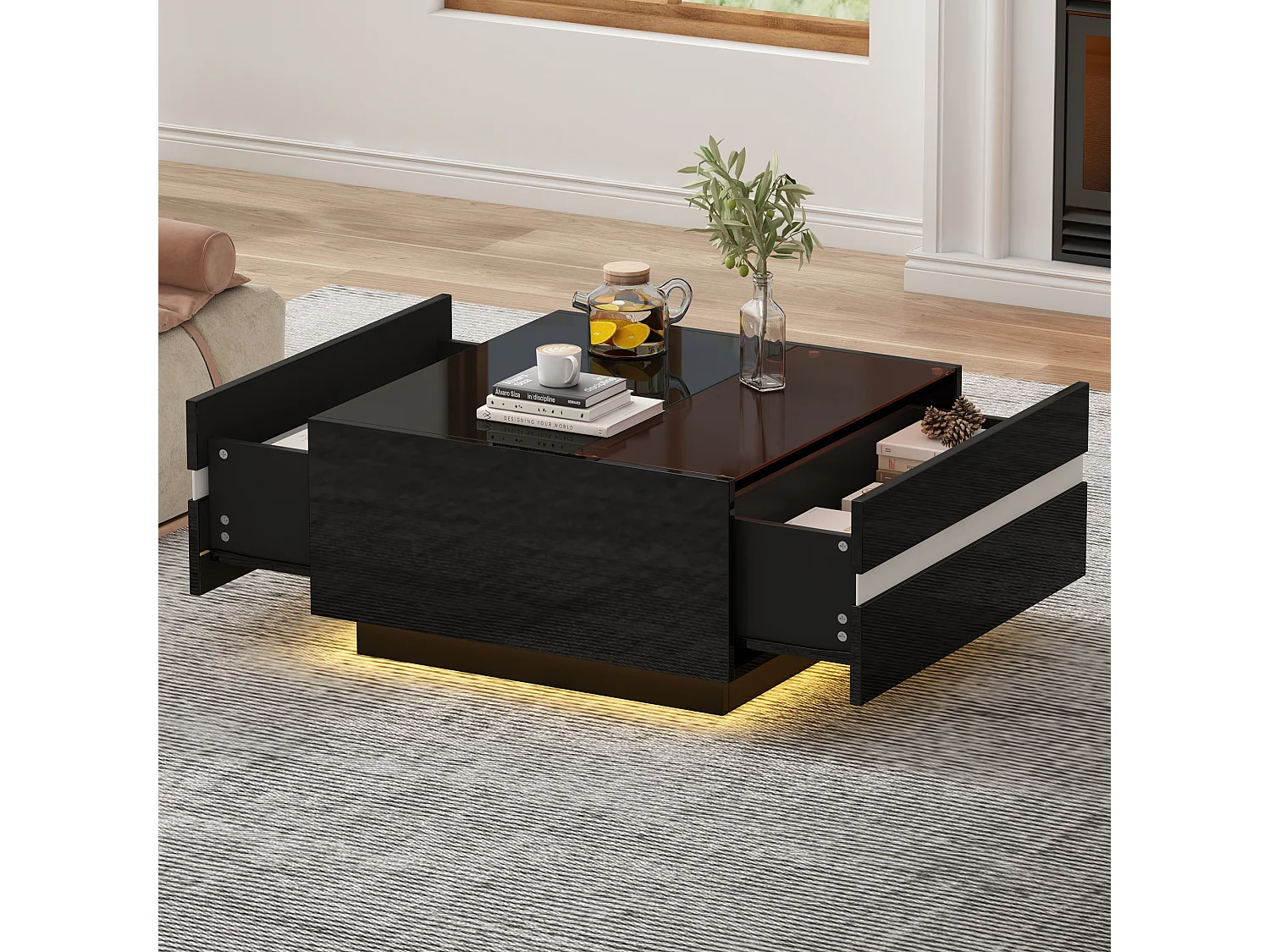 Table basse carrée avec LED, 2 tiroirs et verre trempé, design géométrique, noir (70x70x36cm)