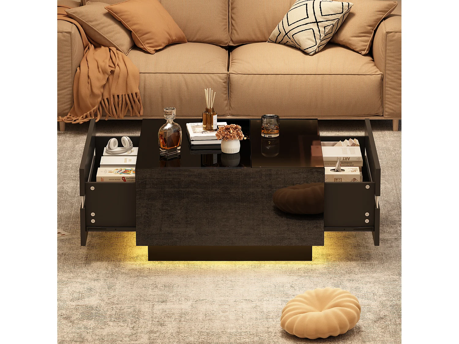 Table basse carrée avec LED, 2 tiroirs et verre trempé, design géométrique, noir (70x70x36cm)