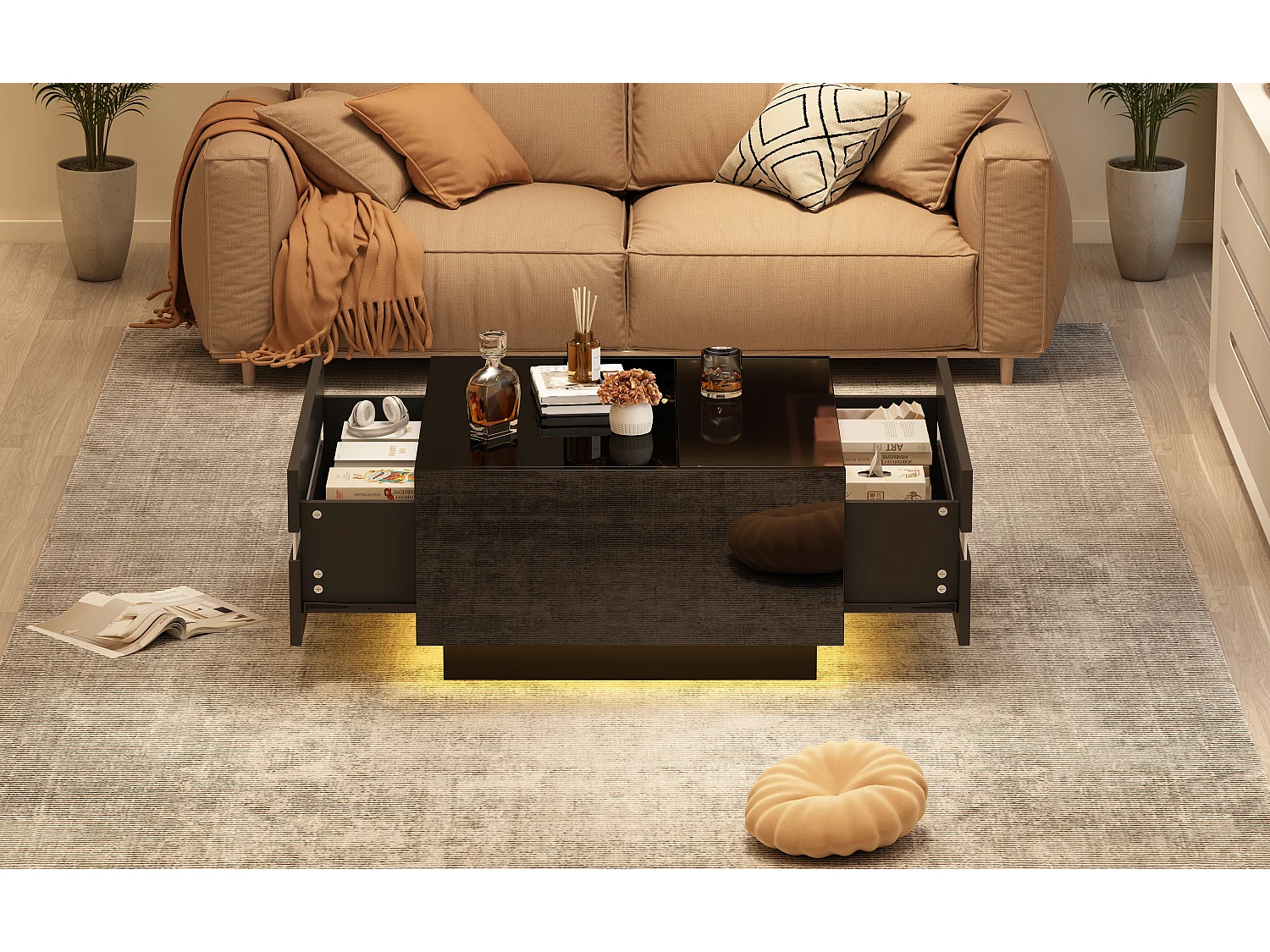 Table basse carrée avec LED, 2 tiroirs et verre trempé, design géométrique, noir (70x70x36cm)