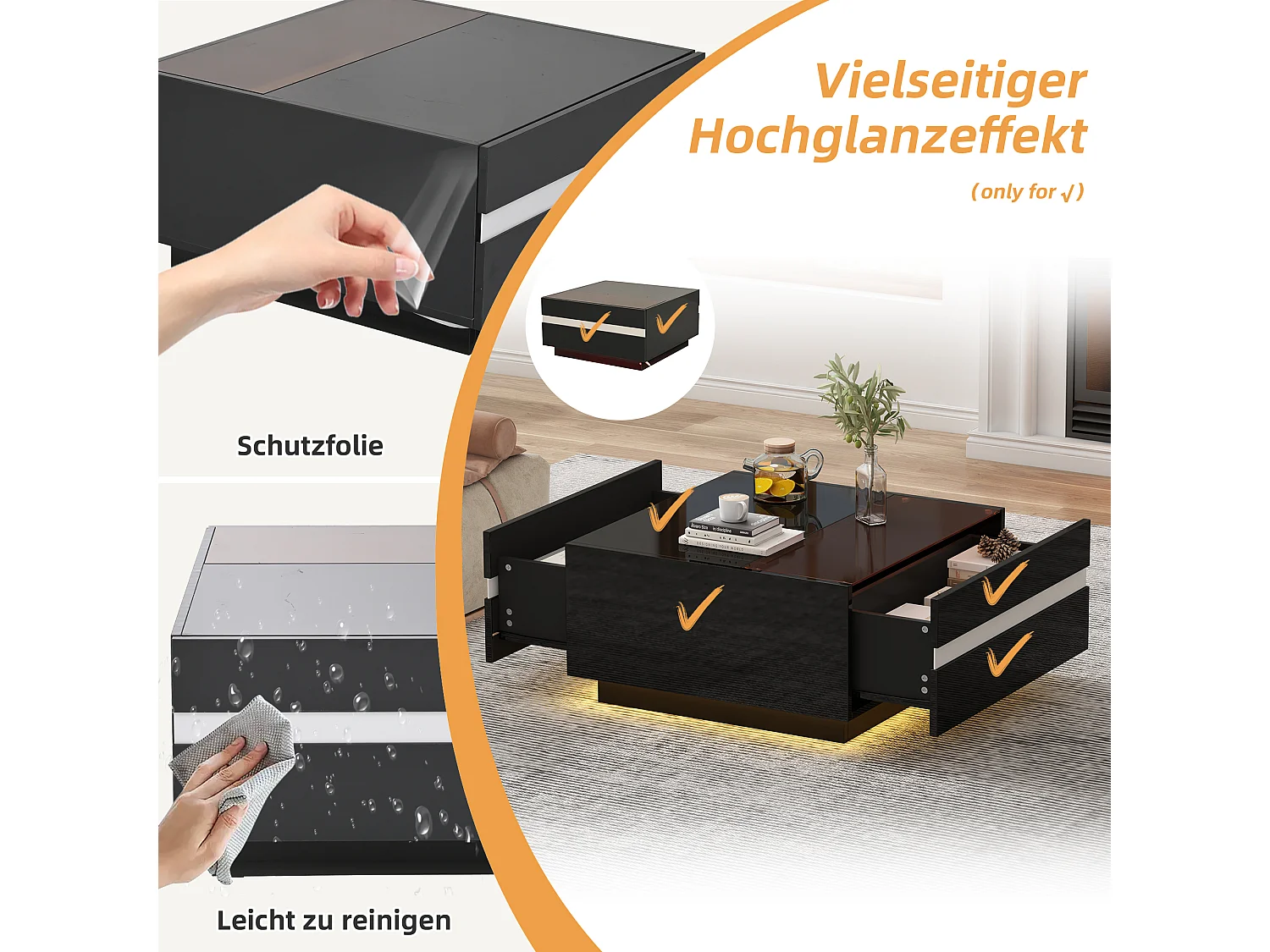 Table basse carrée avec LED, 2 tiroirs et verre trempé, design géométrique, noir (70x70x36cm)