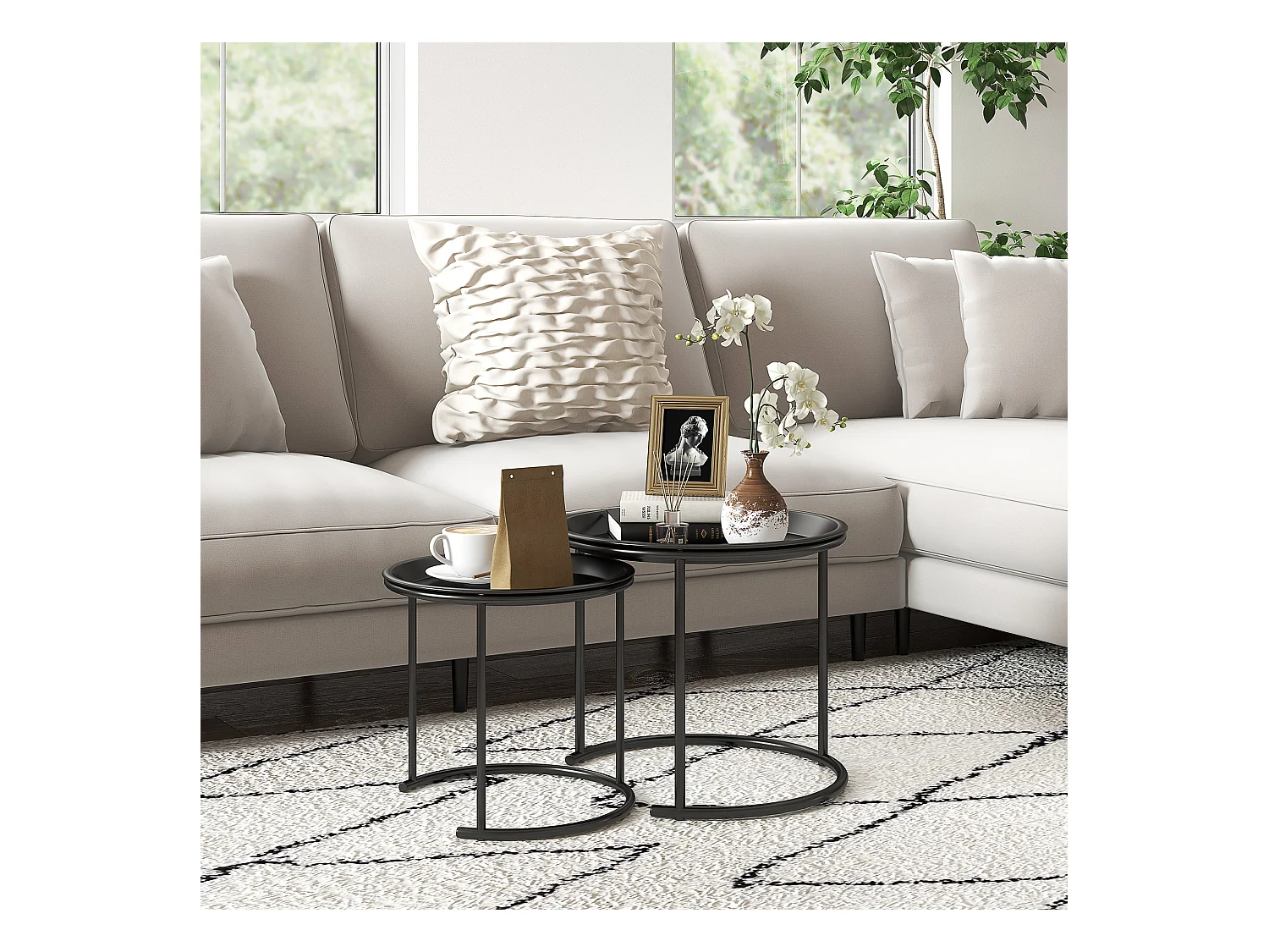 Set de 2 tables basses rondes empilables, design moderne, acier, noir (Ø43/35x38 cm)