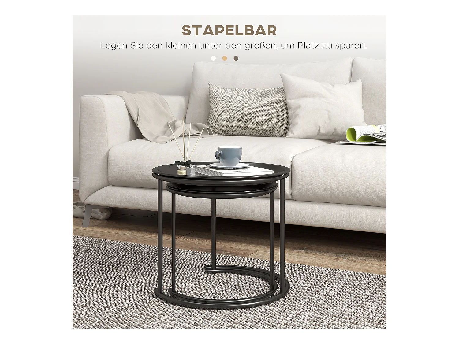 Set de 2 tables basses rondes empilables, design moderne, acier, noir (Ø43/35x38 cm)