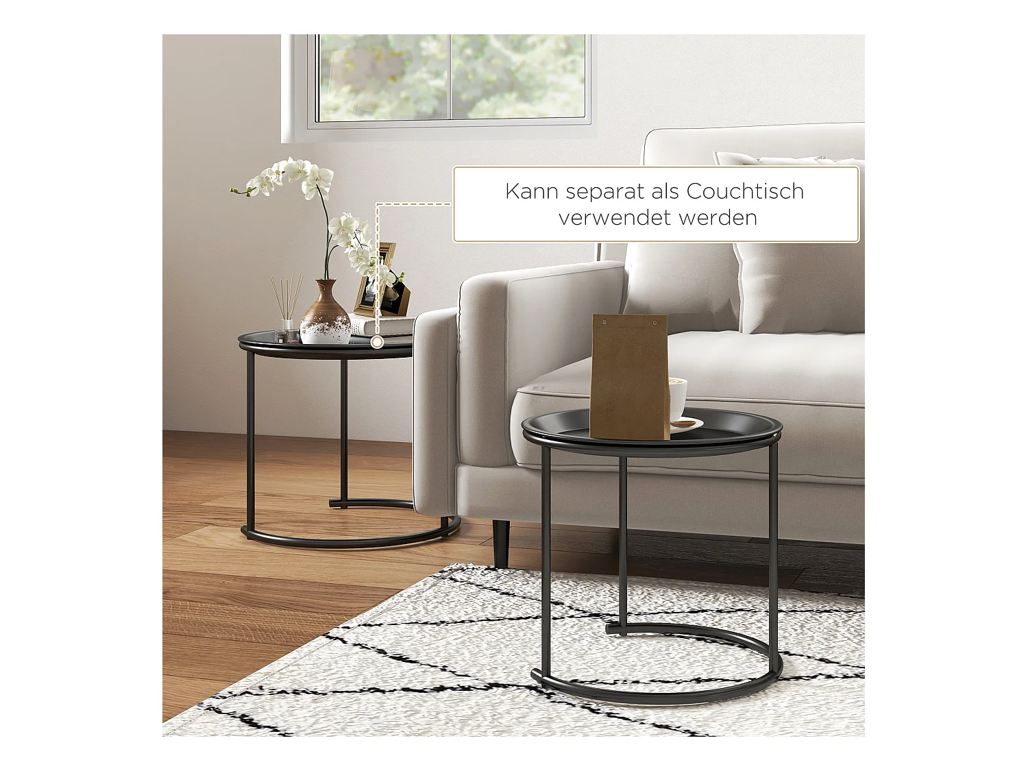 Set de 2 tables basses rondes empilables, design moderne, acier, noir (Ø43/35x38 cm)