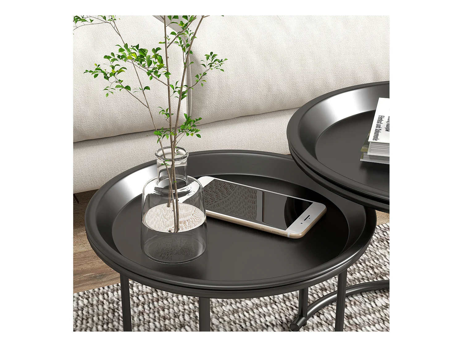 Set de 2 tables basses rondes empilables, design moderne, acier, noir (Ø43/35x38 cm)
