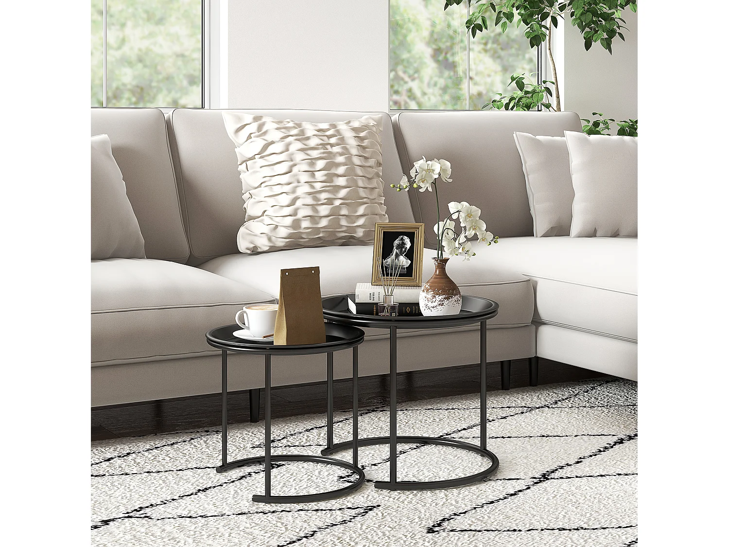 Set de 2 tables basses rondes empilables, design moderne, acier, noir (Ø43/35x38 cm)