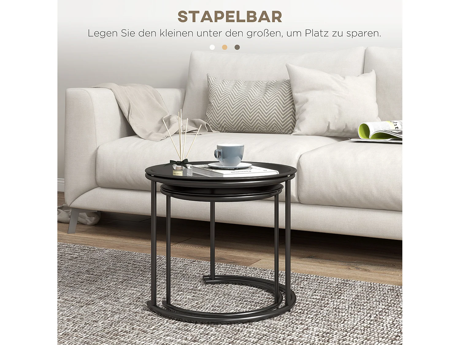 Set de 2 tables basses rondes empilables, design moderne, acier, noir (Ø43/35x38 cm)