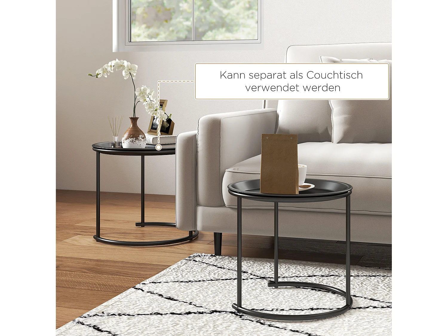 Set de 2 tables basses rondes empilables, design moderne, acier, noir (Ø43/35x38 cm)