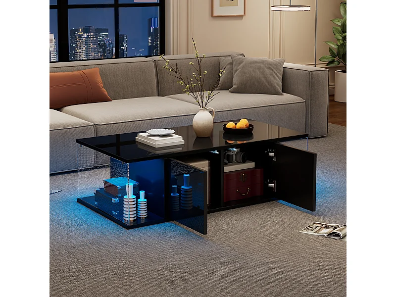 Woonkamer salontafel met LED, high-end design, spaanplaat en gehard glas, zwart (100x50x30cm)