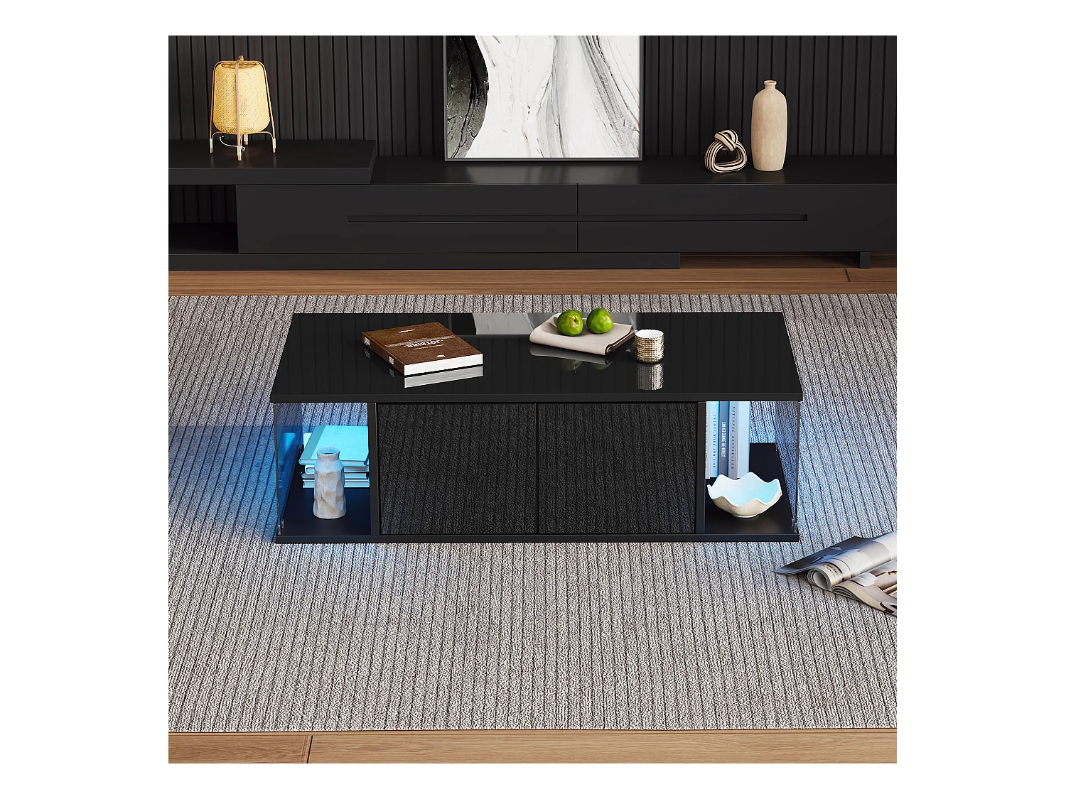 Table basse de salon avec LED, design haut de gamme, panneau de particules et verre trempé, noir (100x50x30cm)