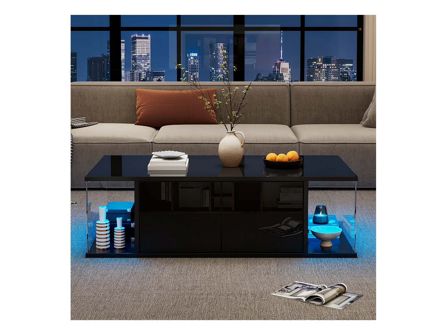 Table basse de salon avec LED, design haut de gamme, panneau de particules et verre trempé, noir (100x50x30cm)