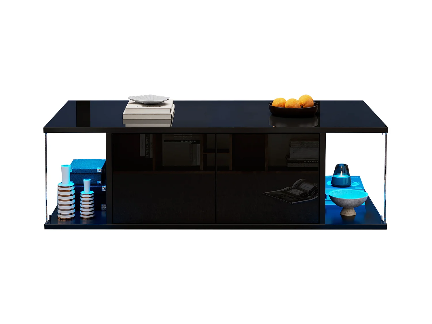 Table basse de salon avec LED, design haut de gamme, panneau de particules et verre trempé, noir (100x50x30cm)